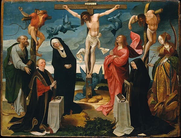 The Crucifixion with Donors and Saints Peter and Margaret of Antioch, by Cornelis Engebrechtsz