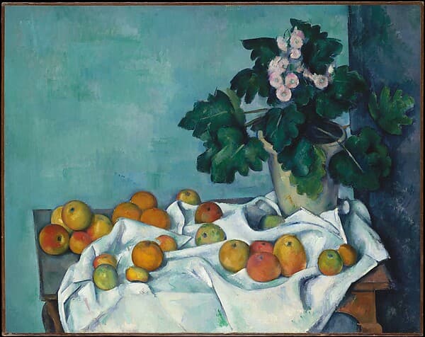Still Life with Apples and a Pot of Primroses, by Paul Cézanne