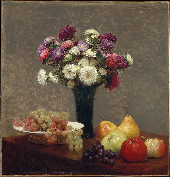 Asters and Fruit on a Table, by Henri Fantin-Latour