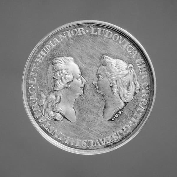 Gustavus III, King of Sweden (b. 1746, r. 1771–92) and Louise Ulrika, his mother (1720–1782), as founders of the Swedish Academy, by Carl Gustaf Fehrman