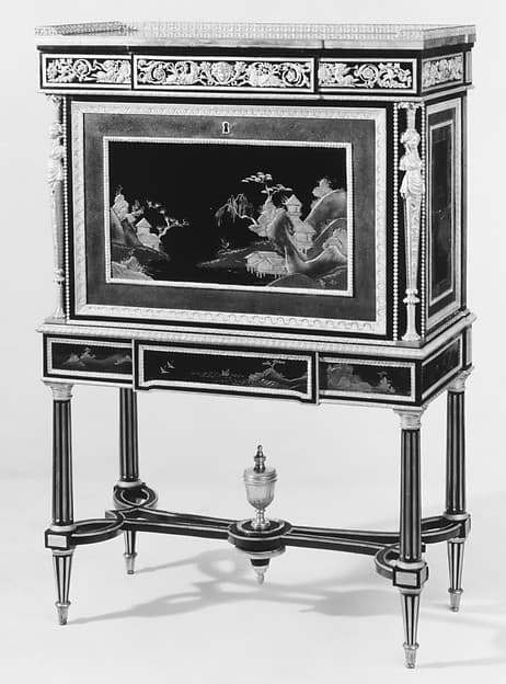 Drop-front secretary on stand (Secrètaire à abattant or secrétaire en cabinet) (one of a pair) (part of a set), by Adam Weisweiler