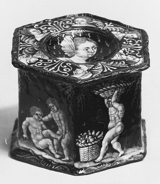 Saltcellar with scene of infant harvesters (one of a pair), by Pierre Reymond