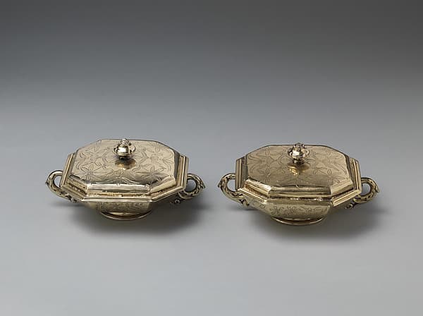Pair of bowls with covers (part of a toilet service), by William Fowle
