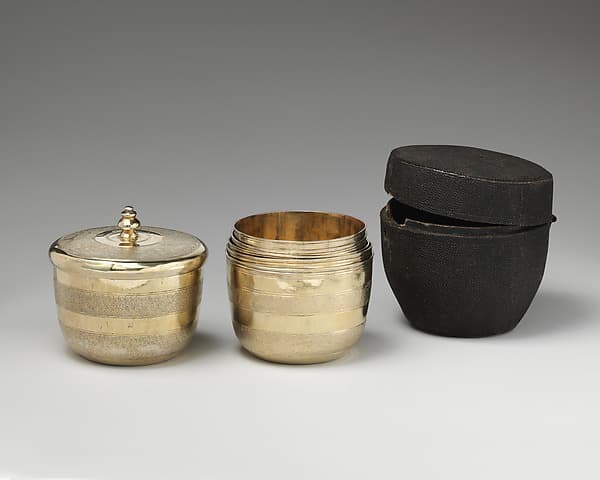 Set of six nesting beakers with case, by P. H., London