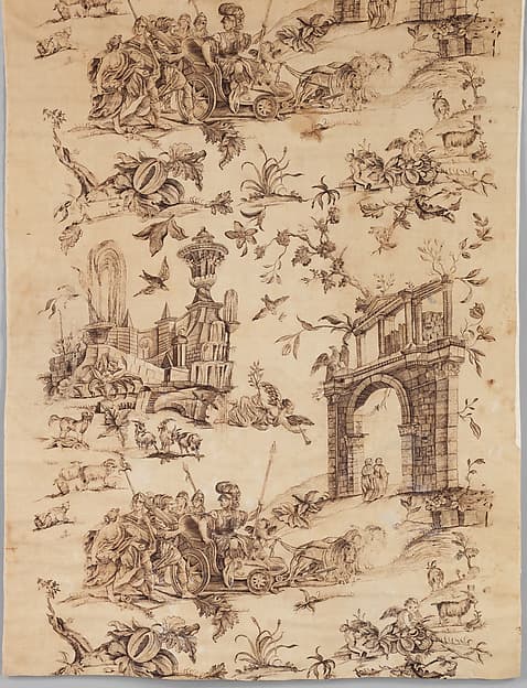 Piece with Roman chariot and ruins (Furnishing fabric), by Bromley Hall Printworks