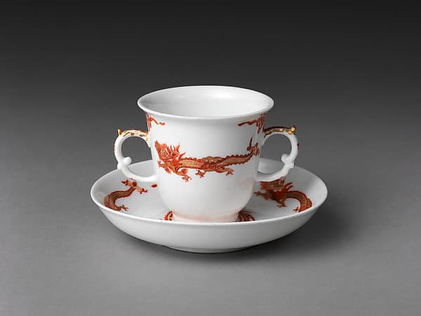 Chocolate cup and saucer with dragons and phoenixes, by Meissen Manufactory