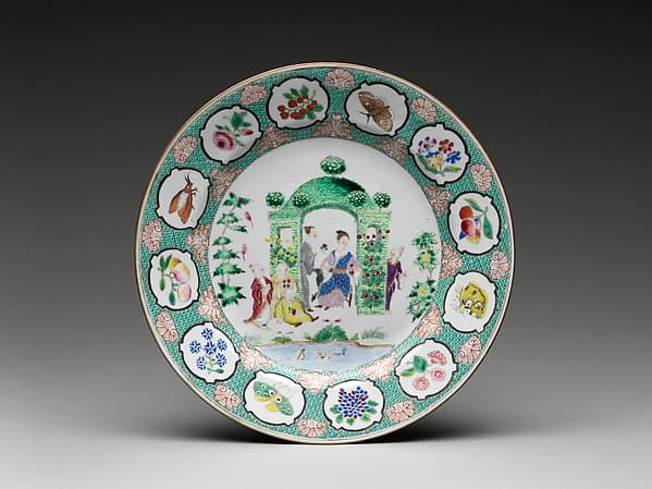 Plate with figures in arbor, by Cornelis Pronk