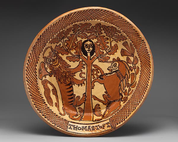 Display dish with Charles II (1630–1685) in a tree, by Thomas Toft