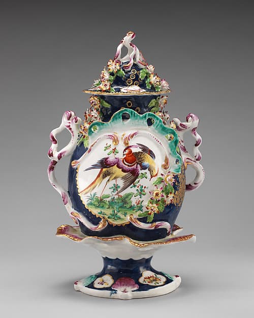 Vase with cover (part of a garniture), by Bow Porcelain Factory