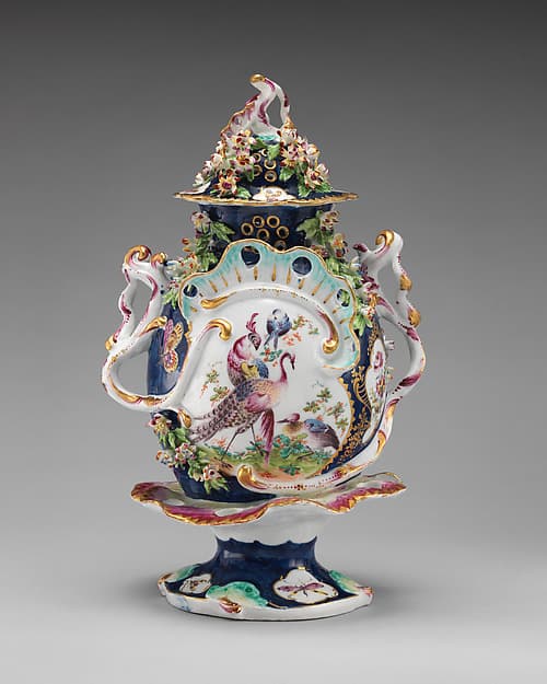 Vase with cover (part of a garniture), by Bow Porcelain Factory