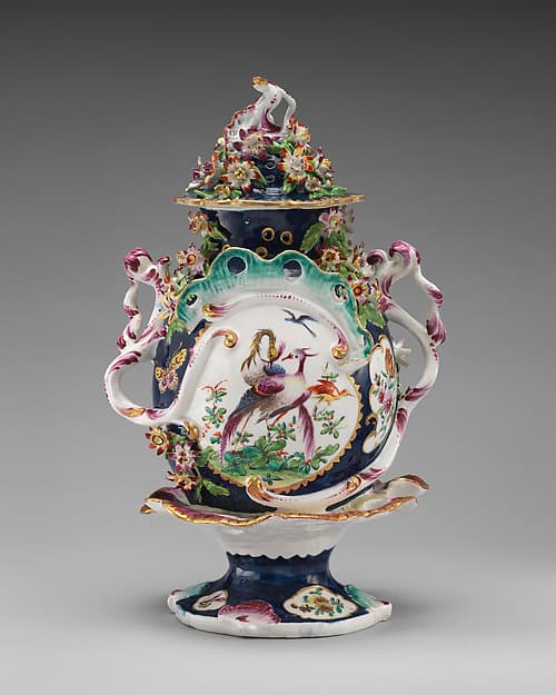Vase with cover (part of a garniture), by Bow Porcelain Factory