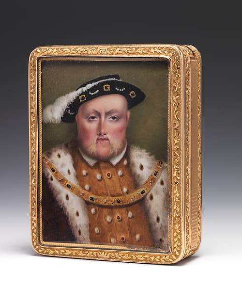 Snuffbox with portraits of Henry VIII and and Jane Seymour with presentation inscription, by I. A. (unidentified)