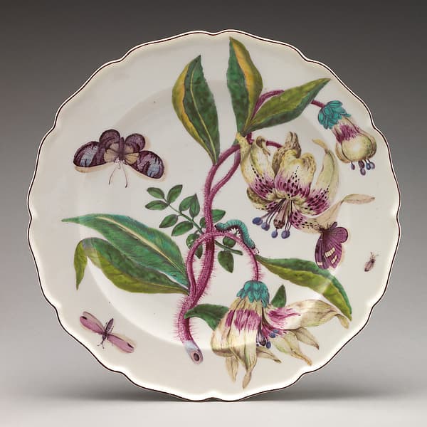 Botanical plate with spray of lilies, by Chelsea Porcelain Manufactory