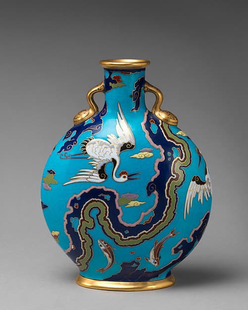 Moon flask with crane and fish motifs, by Christopher Dresser