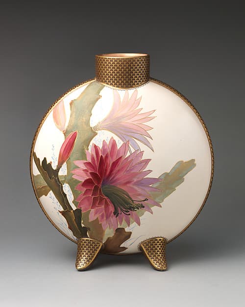 Moon flask with pink flower motif, by Doulton Manufactory
