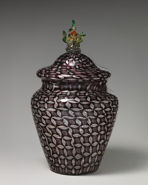 Mosaic glass urn with silver leaf design, by Giuseppe Barovier