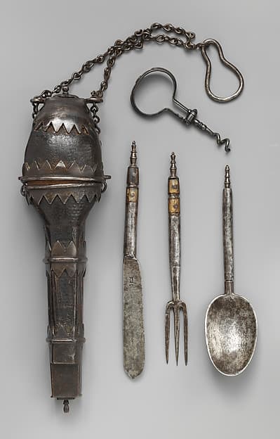 Knife, fork, spoon, and corkscrew in a case (Étui de couvert), by Anonymous