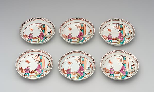 Six saucers (part of a service), by Lowestoft