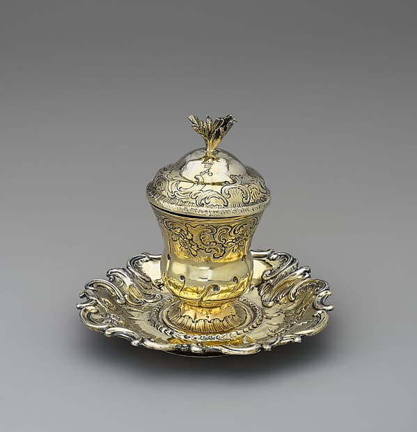 Urn-shaped inkwell with cover on stand, by Abraham Drentwett IV