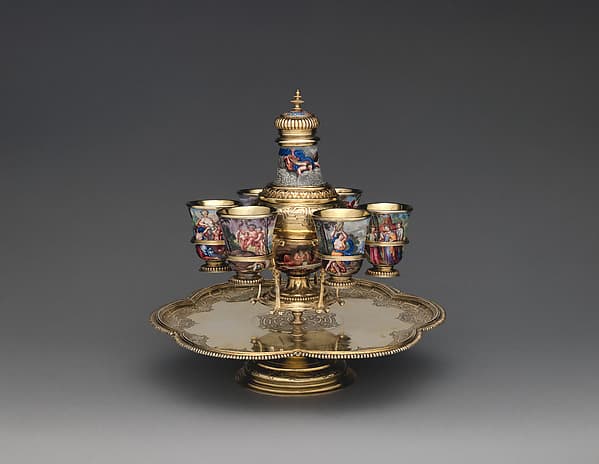 "Four Seasons" enamel liqueur service, by Elias Adam