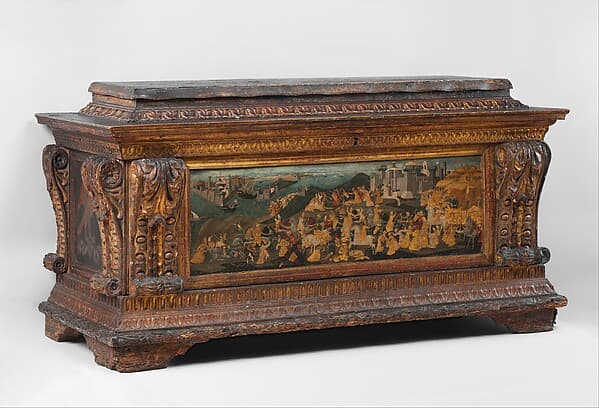 Cassone with painted front panel depicting the Conquest of Trebizond, by Apollonio di Giovanni di Tomaso