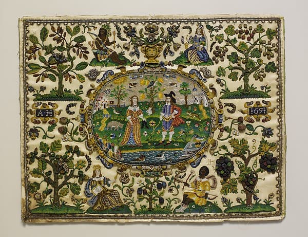 Lady and cavalier surrounded by the four continents