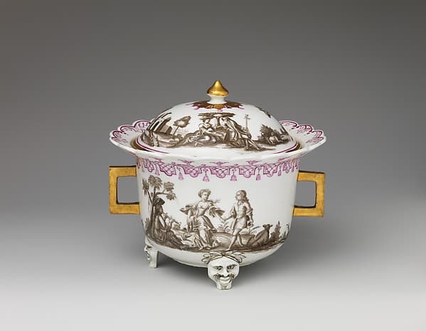 Covered bowl with figures in landscape, by Vienna
