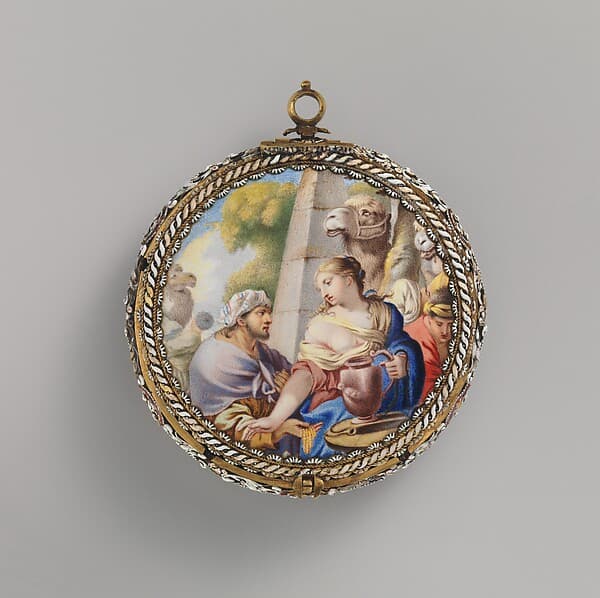 Watch with scenes from the story of Rebekah at the well, by Johannes van Ceulen