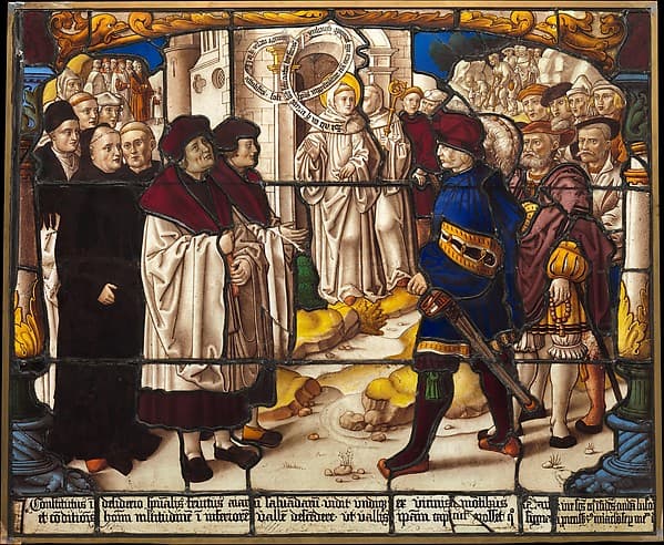 Life of Saint Bernard of Clairvaux: Saint Bernard exhorts the sick in body to enter his church with their spirits, in doing so returning to find their infirmities healed (one of two), by Master of Saint Severin
