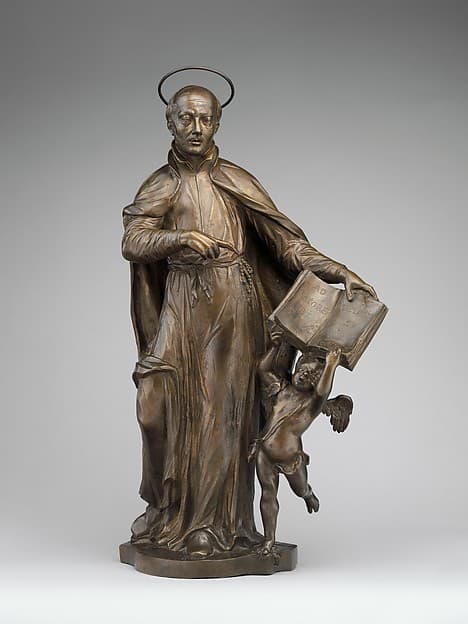 Saint Ignatius Loyola with an angel holding a book, by Francesco Bertos