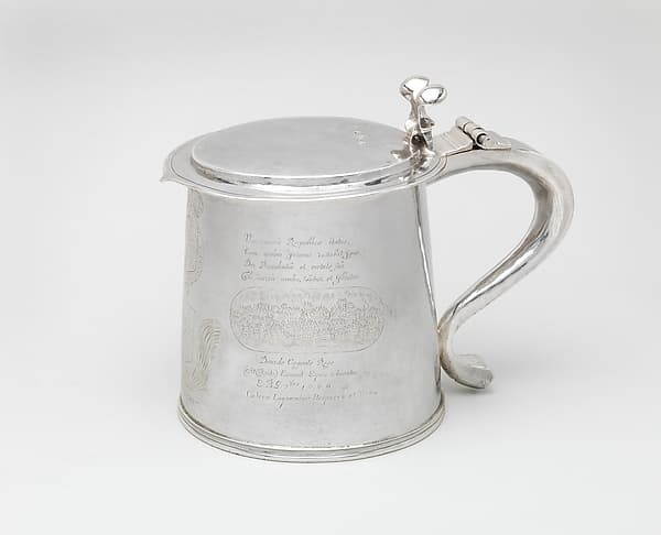 Tankard engraved with scenes of the Great Plague and the Great Fire of London, by O S