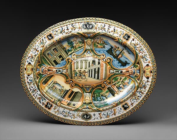 Oval basin or dish with subject from Amadis of Gaul, by Orazio Fontana
