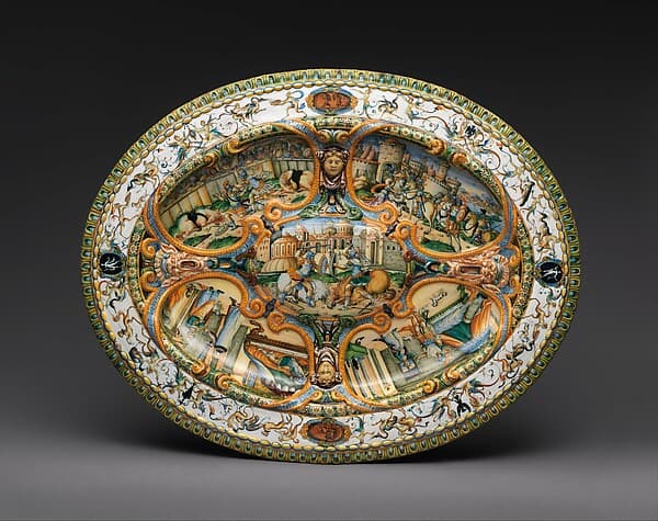 Oval basin or dish with subject from Amadis of Gaul, by Orazio Fontana