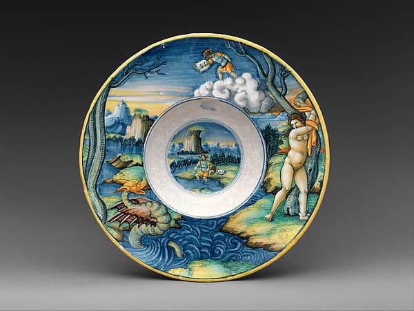 Wide-rimmed bowl with Perseus and Andromeda, by "In Castel Durante" Painter