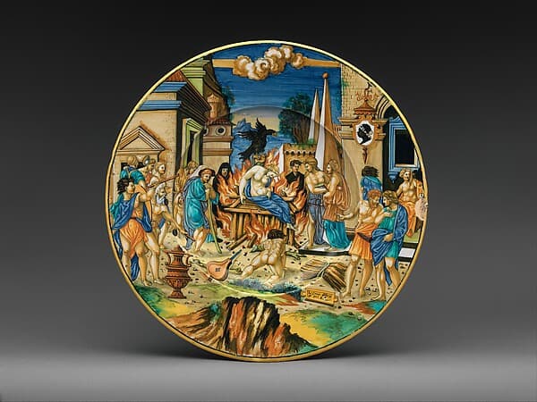 Dish with The Woman of Sestos and the Eagle and arms of the Pucci family, by Fra Xanto Avelli da Rovigo