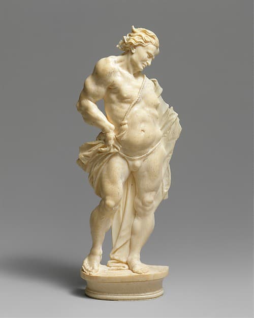 Standing man representing a statue, by Master of the Martyrdom of St. Sebastian