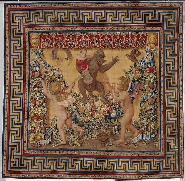 Two Putti Trying To Stop a Monkey Abducting a Child from a set of the Giochi di Putti, by Giovanni da Udine (Giovanni dei Ricamatori)