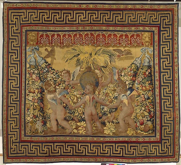 Six Putti Dancing Around a Globe and a Palm from a set of the Giochi di Putti, by Giovanni da Udine (Giovanni dei Ricamatori)