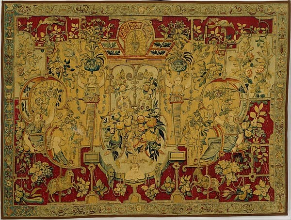 Panel with grotesques, from a set of bed hangings, by Cornelis Floris II