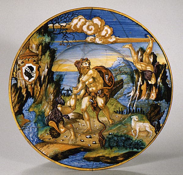 Plate with Hercules and Lichas and arms of the Pucci family, by Fra Xanto Avelli da Rovigo