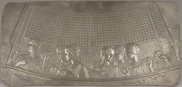 Relief moulded metal plaque for sewing box, by Frédéric Charles Victor de Vernon