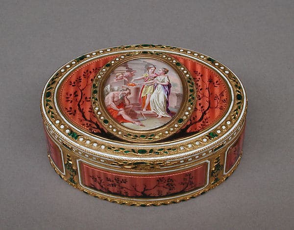 Snuffbox with scene of two maids and cupid at altar of love, by Les Frères Souchay
