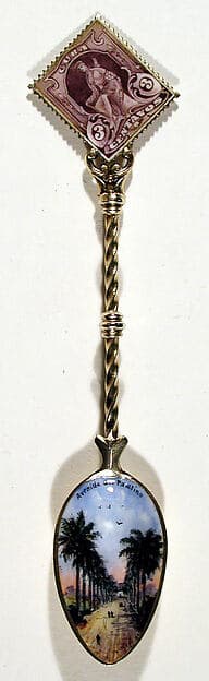 Souvenir spoon with view of a long avenue and finial in the form of a postage stamp