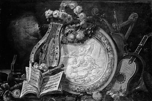 Putti Musicians in a Medallion, Surrounded by Musical Attributes, Flowers, and Fruit, by French Painter