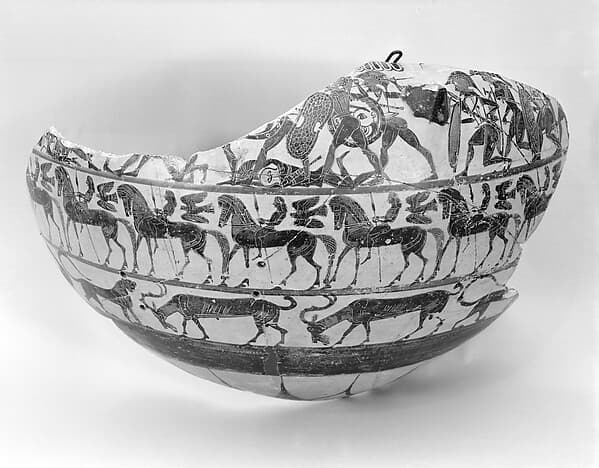 Fragment of a terracotta column-krater (bowl for mixing wine and water), by Cavalcade Painter