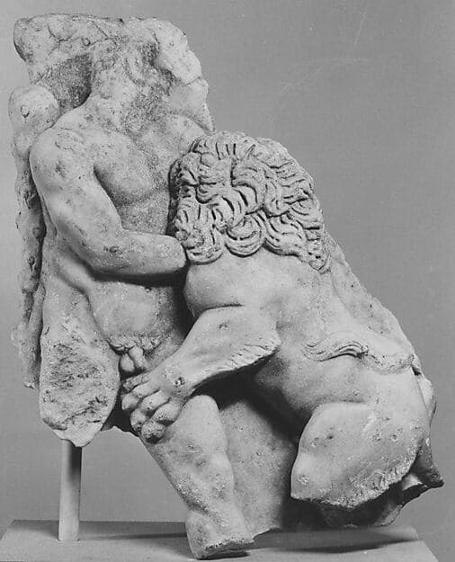 Left corner of a marble sarcophagus: Herakles and the Nemean Lion, by Lysippos