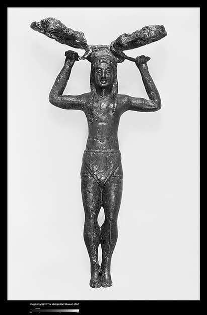 Bronze patera handle in the form of a young woman