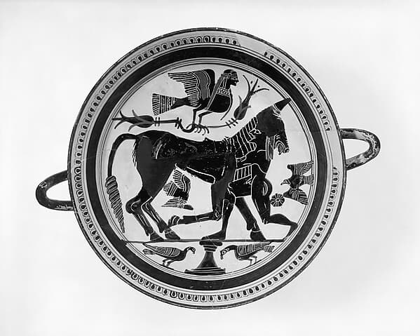 Terracotta kylix (drinking cup), by Arkesilas Painter