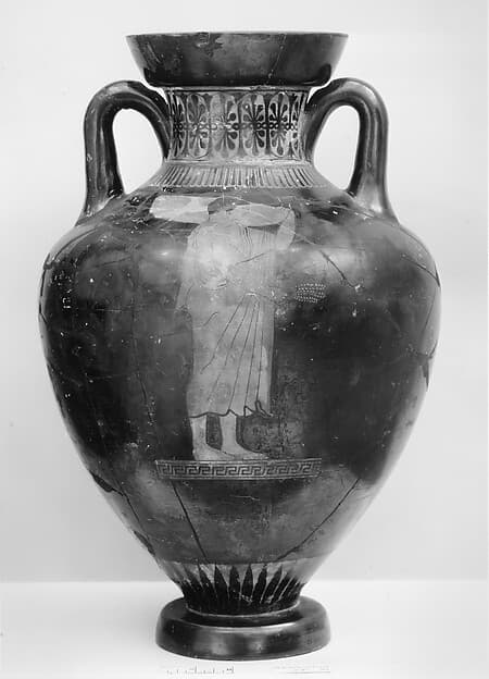 Terracotta neck-amphora of Panathenaic shape (jar), by Syleus Painter