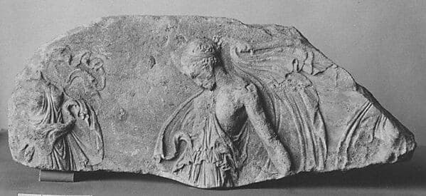 Fragment of a marble relief with dancing maenads, by Kallimachos